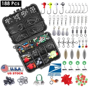 188Pcs Fishing Accessories Kit w/ Tackle Box Pliers Jig Hooks Swivels Snap Set - Picture 1 of 6