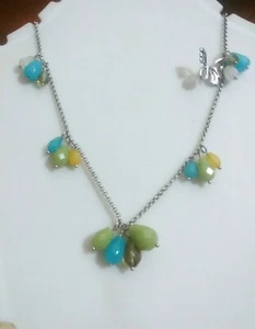 Signed Fossil Blue Green  Teardrops Necklace 18: to 20" w butterfly - Foto 1 di 11
