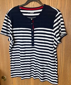 CHAPS SPORT WOMENS NAUTICAL NAVY BLUE & WHITE STRIPED TOP BUTTON FRONT SIZE XL - Picture 1 of 5