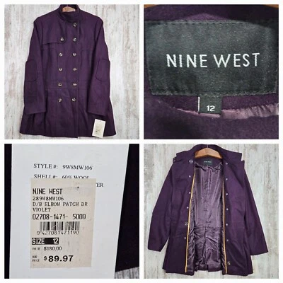Abrigo Nine West Nuevo con Etiquetas Mezcla Lana Mujer Talla 12 Púrpura Largo Medio Doble Pecho  Foto 1 de 4
