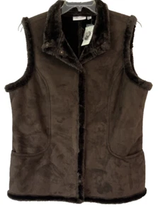 Denim & Co. Wildlederimitat Weste braun Gr. Large Druckknopfleiste Kunstfellbesatz Damen EE763 - Bild 1 von 7