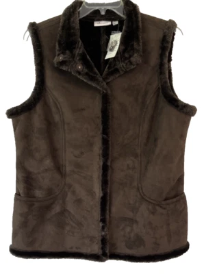 Chaleco de gamuza sintética Denim & Co. marrón talla grande frente a presión ribete de piel sintética para mujer EE763 Foto 1 de 4