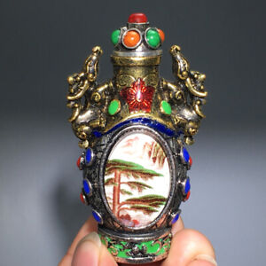 135g Collection China old antique Pure copper Inlaid with gems snuff bottle 23