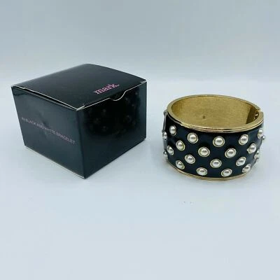 Avon Mark Black White  Faux Pearl Beaded Clamper Bracelet NIB - Image 1 of 4