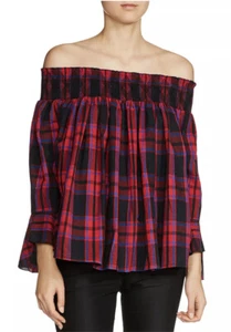 New Maje Lafox Off The Shoulder Plaid Top Size 1 Small - Picture 1 of 3