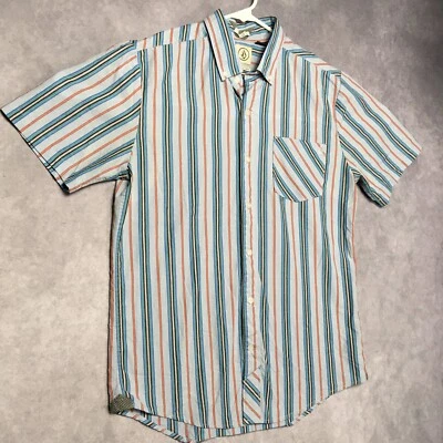 Volcom Mens Striped Button Up Shirt size Small Short Sleeve Blue Cotton Blend - Image 1 of 4