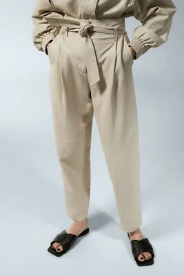 Calça Zara Feminina 100% Couro Cintura Alta Desleixada Ecru 0190/020 Tamanho M Nova Com Etiqueta - Imagem 1 de 4