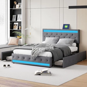 Polsterbett 180x200cm Doppelbett Stauraumbett mit Schubladen Bettkasten LED&USB - Bild 1 von 10