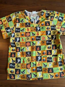 Halloween Scrubs Happy Haunting Size Small Made USA Double Pockets Ghosts Shirt - Picture 1 of 6