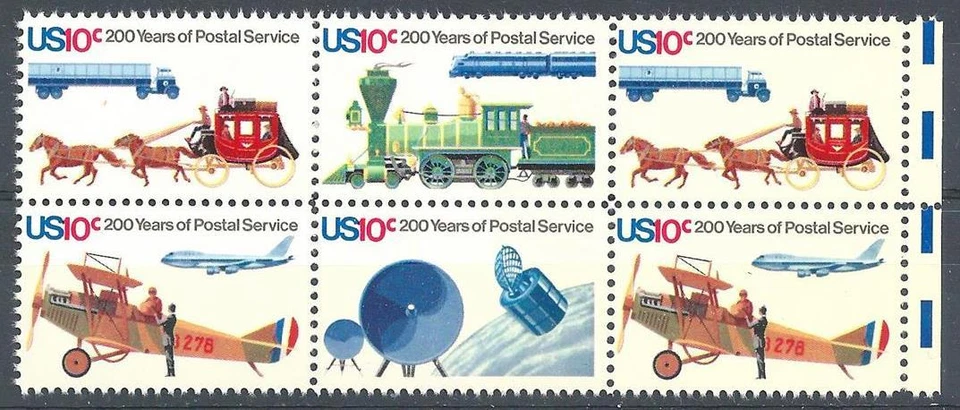 US 1975 Sc# 1572-75 set Postal Service 200-y Horse Train Plane Space block 6 MNH - Image 1 of 1