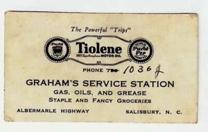 1934 Business Card Salisbury NC Tiolene Motor Oil Graham's Service Station - Picture 1 of 2