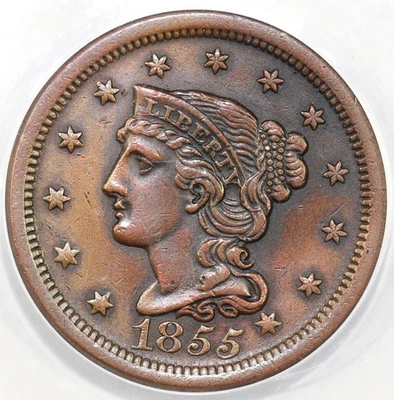 1855 1c N-10 Slanting 5's Braided Hair Large Cent ANACS EF 45 Details - Image 1 of 4