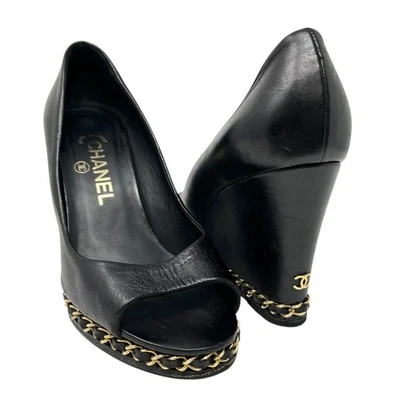 CHANEL Vintage CC Logo Open Toe Chain Sandals #37-37.5 Black Wedge Heels - Image 1 of 4