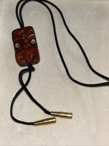 Hei Tiki Neck Bolo Hand-Carved in New Zealand Abalone, Wood, Cord, Brass Ends - Picture 1 of 4