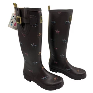 Joules Wellies Womens Tall Rain Boots Equestrian Horse Print Sz US 8 Brown - Picture 1 of 21