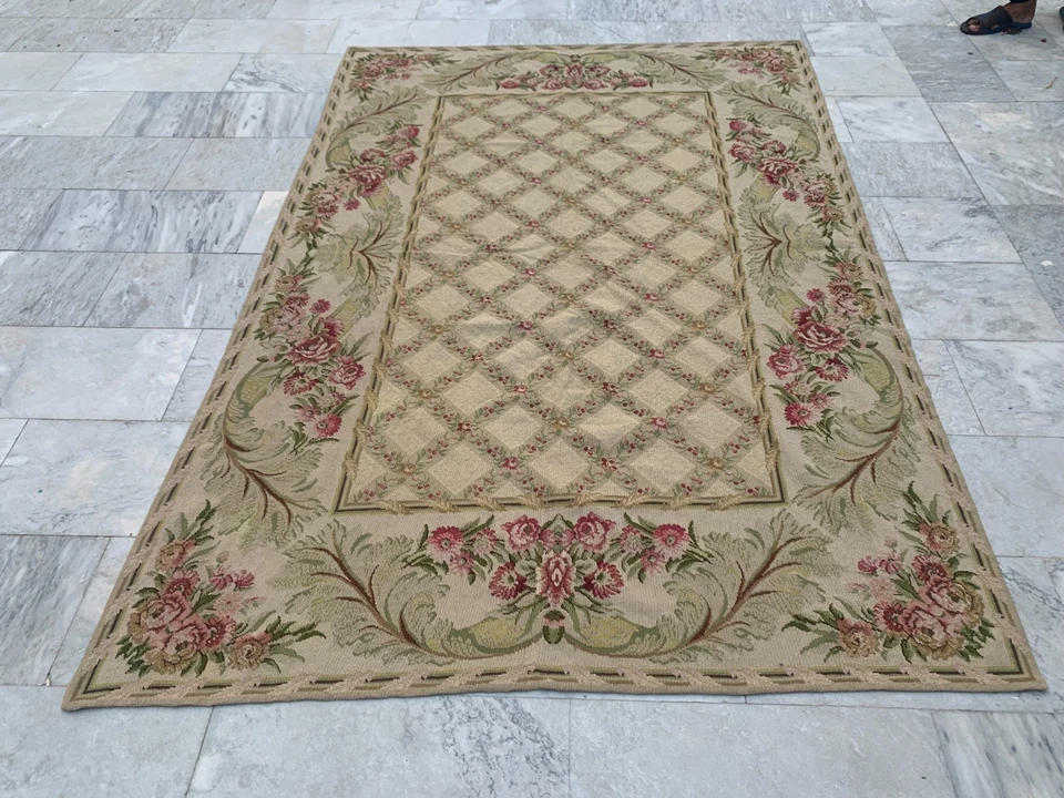 5x8 ft Vintage Handwoven French Aubusson Rug Needle Point Living Room Wool Rug - Image 1 of 4