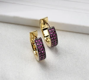 Natural Pave Ruby Diamond Huggie Hoop Earrings 14K Yellow Gold Plated Jewelry - Picture 1 of 7