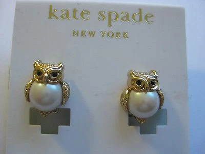 kate spade NY New York Clip On Owl Earrings pearl gold tone clipon clip-on new - Image 1 of 2