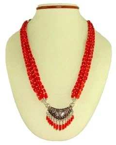 Necklace Natural Fine Coral Gemstone 925 Sterling Silver Handmade Beaded Jewelry - Picture 1 of 5