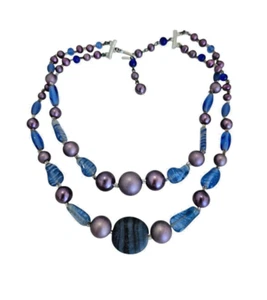Japan Vintage Double Strand Blue Art Glass and Purple Pearly Bead Necklace - Picture 1 of 6