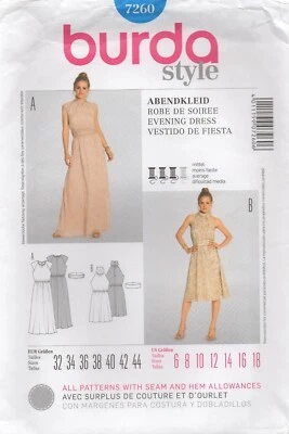 Burda Pattern 7260 Evening Dress with Collar, Gathered Neck Cut-in Size 6 to 16 - Image 1 of 4
