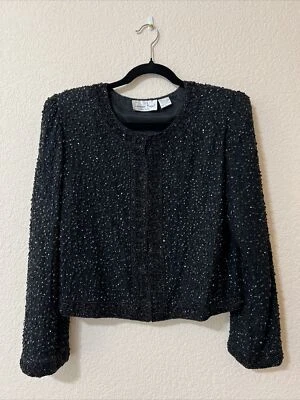 Blazer de Colección Laurence Kazar Talla L Negro Seda Cuentas Lentejuelas Noche Evento Especial Foto 1 de 4