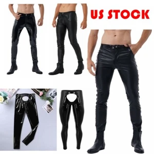 Mens Wet Look Skinny Pants Gothic Punk Open Crotch Rock Tight Long Trousers Club - Picture 1 of 47