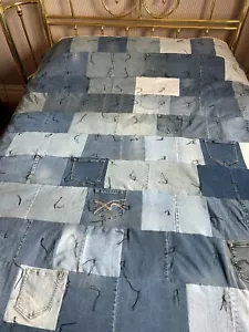 Trapunta Denim fatta a mano con fondo in flanella pesca, stampa campeggio 83 x 92 - Foto 1 di 3