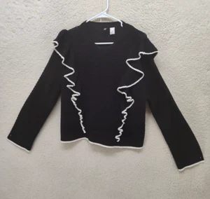 Divided H M Women Sweater Large Black Cotton Blend Long Sleeve Ruffle Trim Knit - Picture 1 of 17