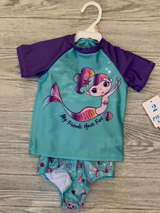 Caribbean Joe Girl’s Mermaid 2-pcs Swimsuit With Short Sleeve Rash Guard Set 2-T - Picture 1 of 12