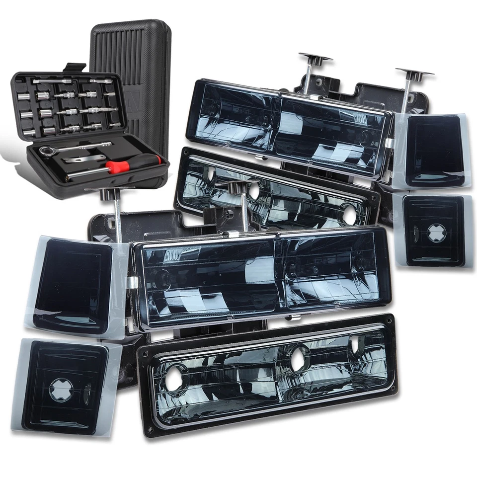 适用于 1994 - 1999 年 C/K 1500 2500 3500 烟熏车头灯透明防撞灯+工具盒 — 第 1/3 张图片