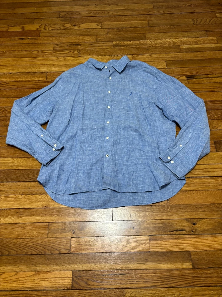 Nautica Men’s Size XXL 2XL 100% Linen Button Down Shirt Blue Long Sleeve - Image 1 of 4
