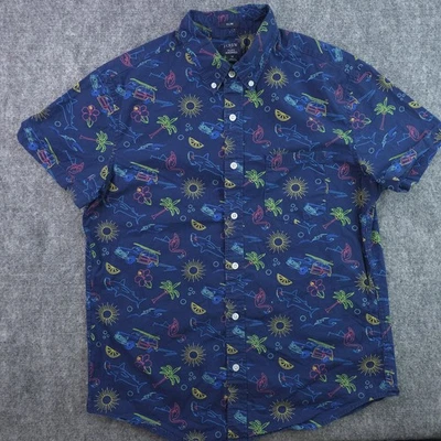 Camisa J Crew Flex Lavada Mediana Calce Ajustado Azul Estampado de Tiburón Geométrico Manga Corta Foto 1 de 4