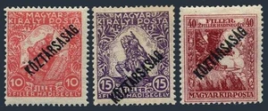 Hungary B58-B60, hinged. Mi 219-221. Solders fighting, Eagle with Sword. 1918. - Picture 1 of 1