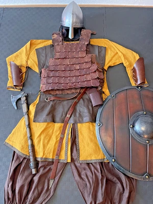 LARP Gewandung Tunika Langarm mit Bordüre Leinen Nordmann Wikinger  Gelb - Bild 1 von 3