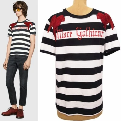 talla S NUEVA $995 GUCCI PARA HOMBRES Camiseta LORO BORDADO ROJO a Rayas Blanco y Negro Foto 1 de 4
