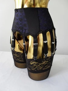 Lrg-XL 14 Strap Navy Blue Lycra Blk Lace Designer Retro Burlesque Suspender Belt - Picture 1 of 7