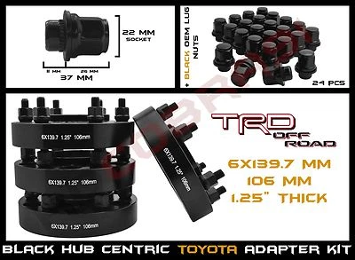 4 Toyota 6x5.5" 1.25" Black Hub Centric Wheel Spacers + 24pc Black Mag Lug Nuts - Image 1 of 4