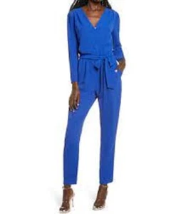 FRAICHE by J Cobalt Blue Belted Long Sleeve V-Neck Pant Jumpsuit XL ~ Nordstrom - Picture 1 of 4