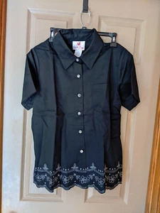 NWT Quacker Factory Black Rhinestone Button Up Short Sleeved Shirt Sz M - Picture 1 of 2