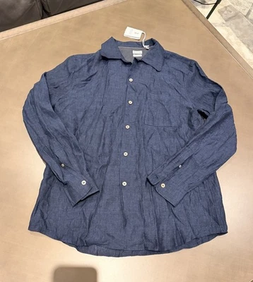 Brunello Cucinelli Linen Notched-Colar Shirt Navy Blue Size Medium Easy Fit New - Image 1 of 4