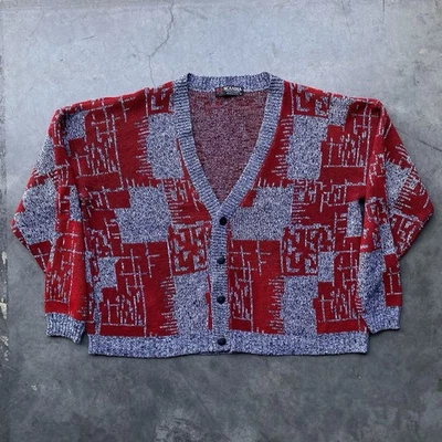 Vintage 80's Scandia Cardigan Sweater Button XL Red/Gray Oversized USA Geometric - Image 1 of 4