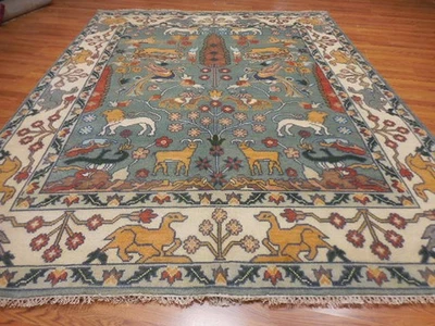 Alfombra turca Oushak, (árbol de la vida) alfombra de león de caza, alfombra bohemia hecha a mano, 8x10 pies Foto 1 de 4