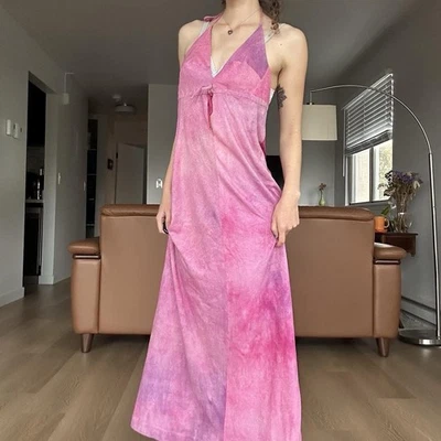 Maxi Vestido Halter Hippie Psicodélico Ombré Rosa Púrpura Años 70 Foto 1 de 4