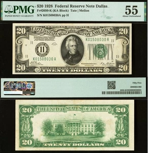 1928 $20 Federal Reserve Note PMG 55 - Redeemable in Gold - Dallas - Fr 2050-K - Picture 1 of 4