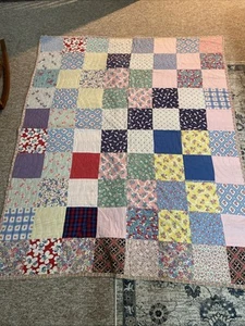 VINTAGE HAND STITCHED COLORFUL Block QUILT HAND PIECED PATCHWORK 67” X 82” - Picture 1 of 6