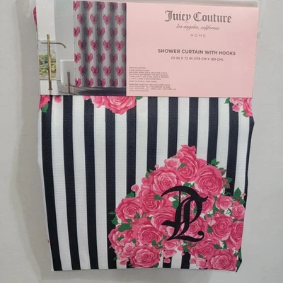 JUICY COUTURE Fabric SHOWER CURTAIN Wit HOOKS 70x72 Heart Florals Black Striped - Image 1 of 4