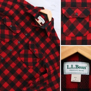 LL Bean Mens L Buffalo Plaid Flannel Shirt Wool Nylon Vintage USA Heavy Shacket - Picture 1 of 6