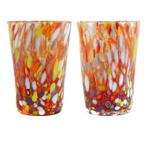Pair of 2 Two Murano Glass Drinking Tumbler Red Multi Handmade Millefiori - Picture 1 of 12
