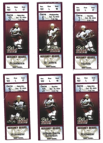 2003-04 Hershey Bears (AHL) Ticket Stubs--lot of 6 different Cover